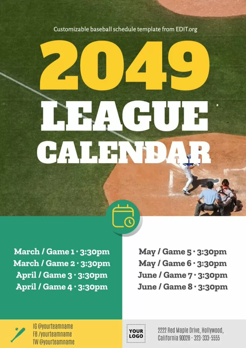 Editable baseball league calendar