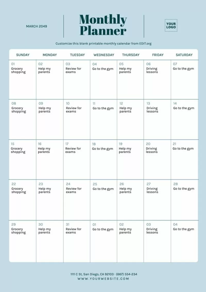 Modèle de calendrier mensuel vierge modifiable