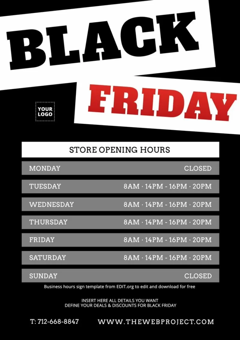 Editable office hours sign for Black Friday schedule