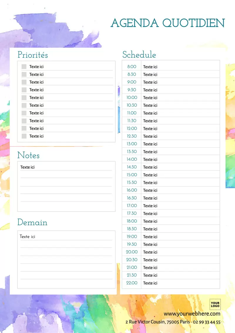 modèle de checklist agenda quotidien avec splash de couleurs