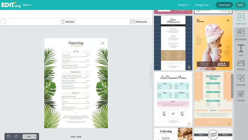 Editable graphic design templates for restaurant menus