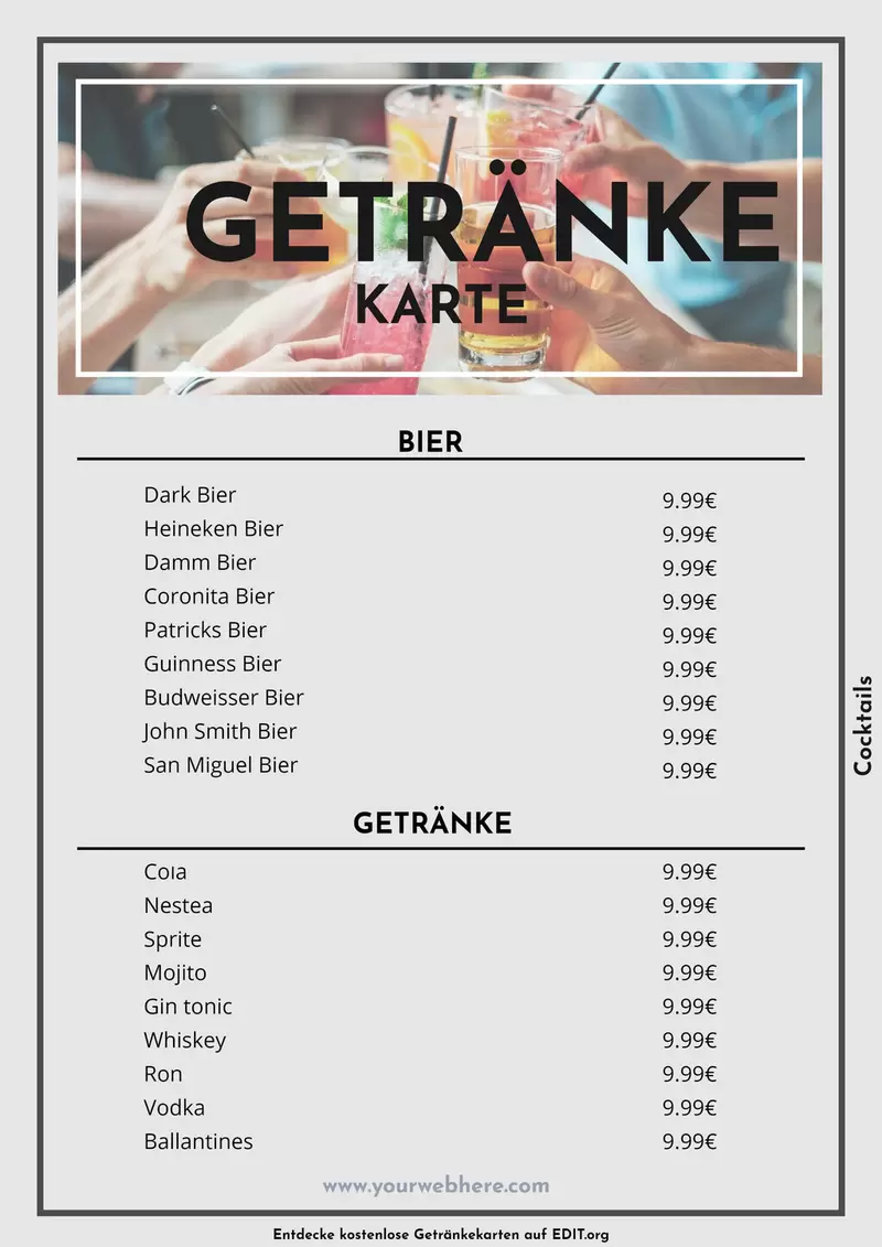 Bearbeitbare Vorlage für Getränkekarten für Biere, Cocktails und Shots