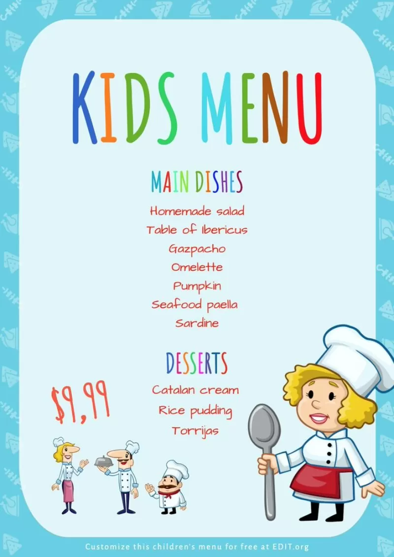 Modello editabile di menu per bambini gratis