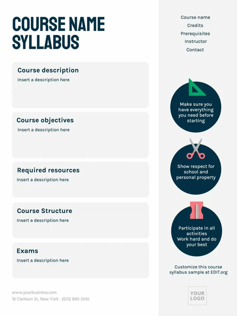 Editable course syllabus template
