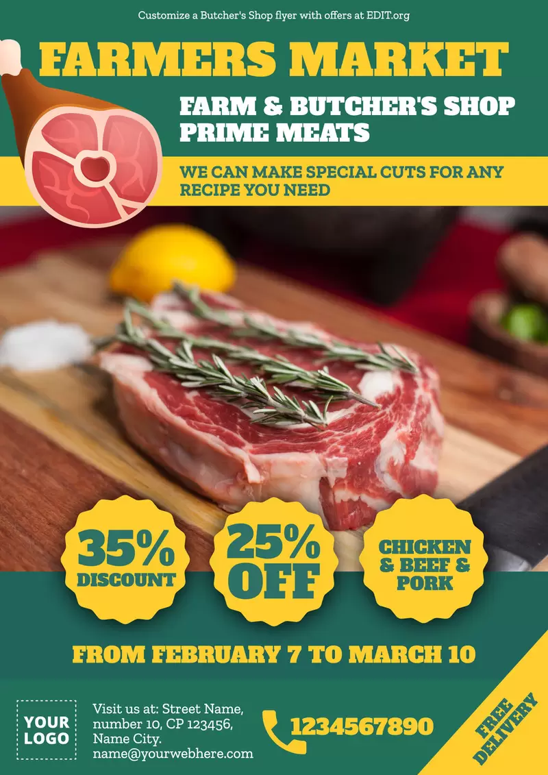 Butcher's shop flyer template with discounts to edit online