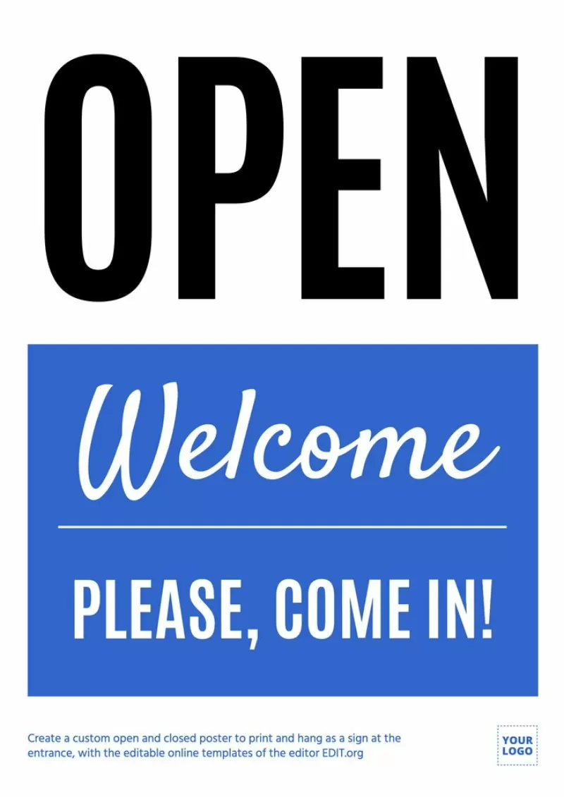 'Welcome, we're open': bearbeitbare Schildervorlage, online personalisierbar; kostenlos herunterladen, drucken und aufhängen