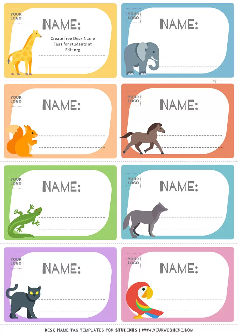 Student name tags for desks printable with animals