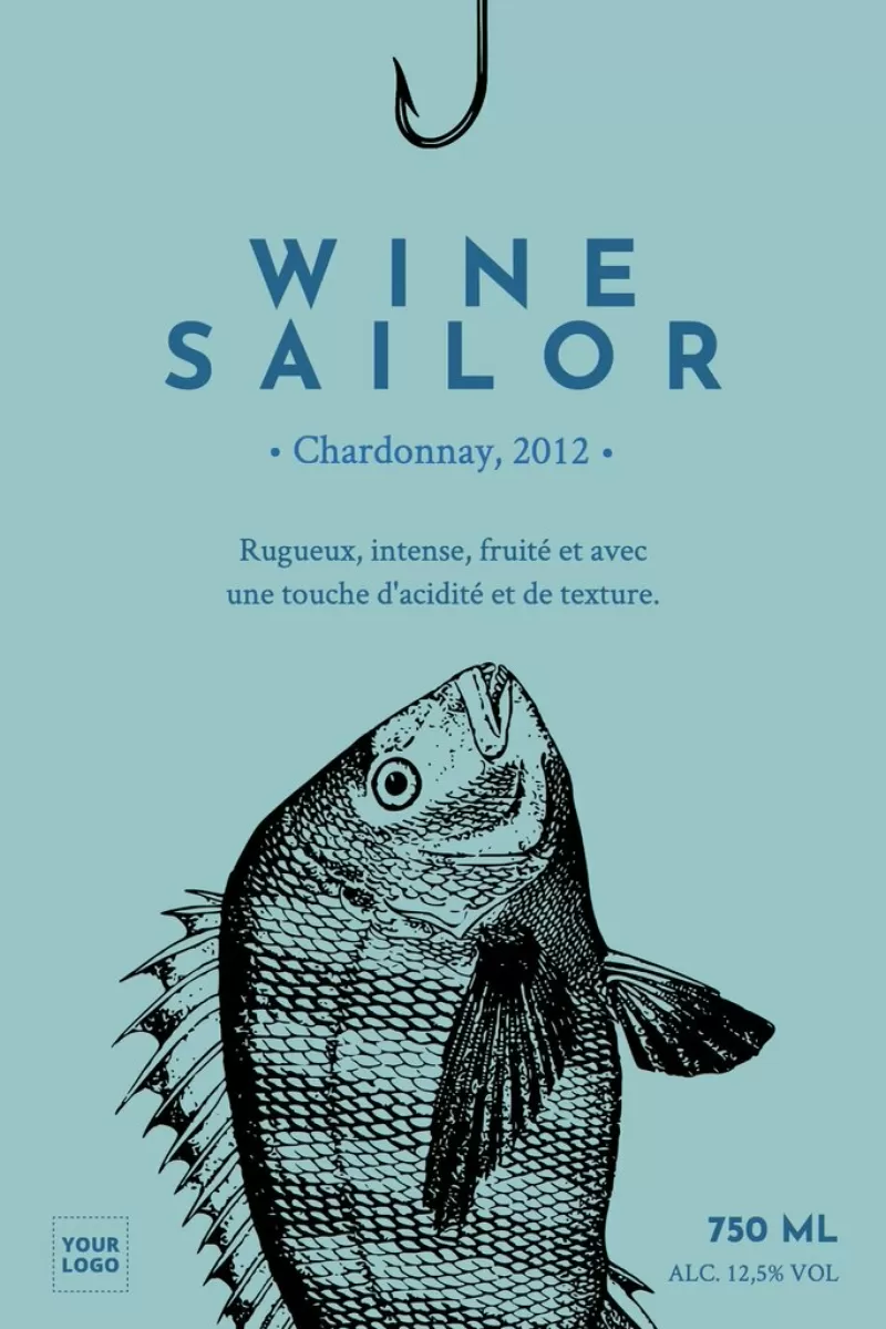 design pour un vin francais chardonnay avec un poisson et fond bleu