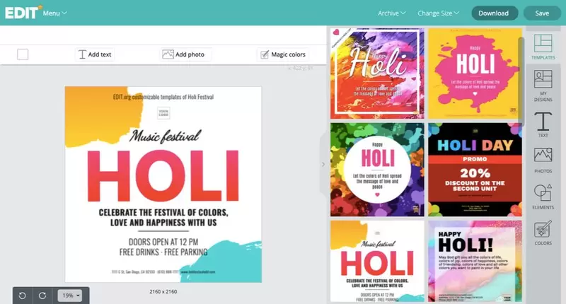 Modelli personalizzabili e gratuiti del Festival di Holi per le aziende 