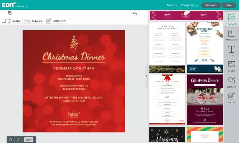 Kostenloser Online-Grafikeditor, Speisekarten-Vorlagen zu Weihnachten