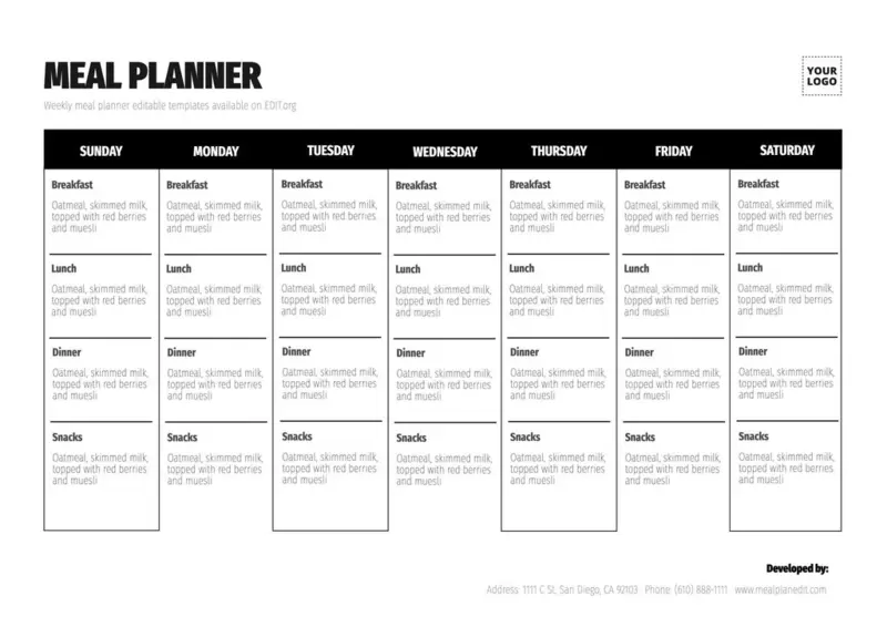Family meal planner template to customize