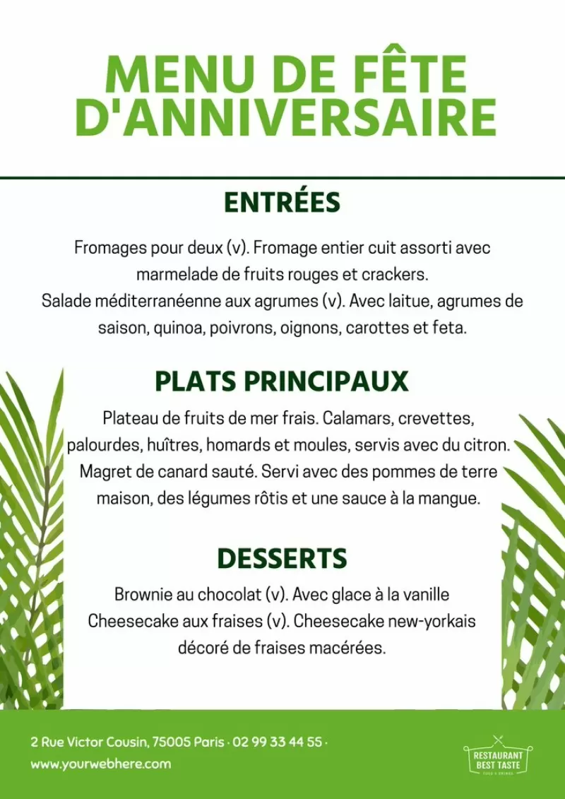 modèle de menu pour fête d'anniversaire éditable en vert et blanc