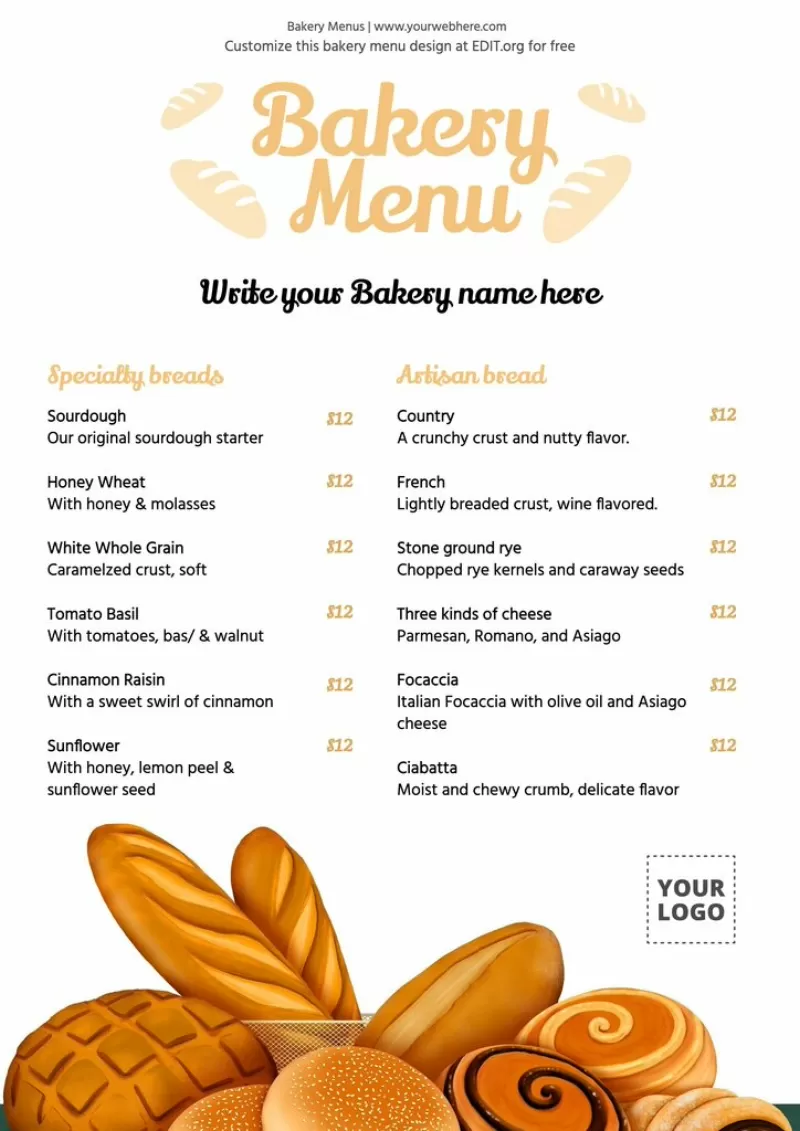 Editable menu card design for bakery