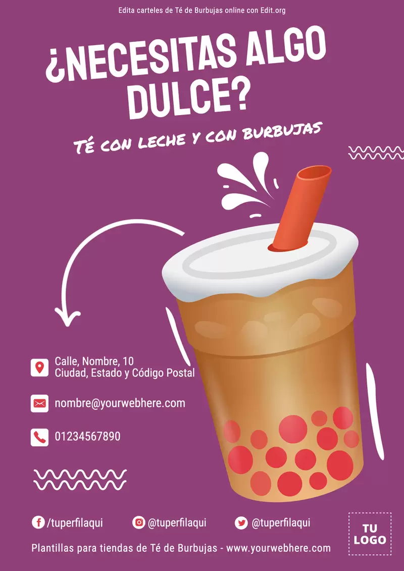 Diseña un flyer bubble tea personalizable gratis