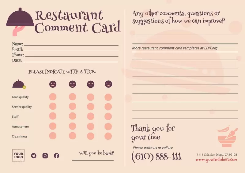 Customizable restaurant comment card template