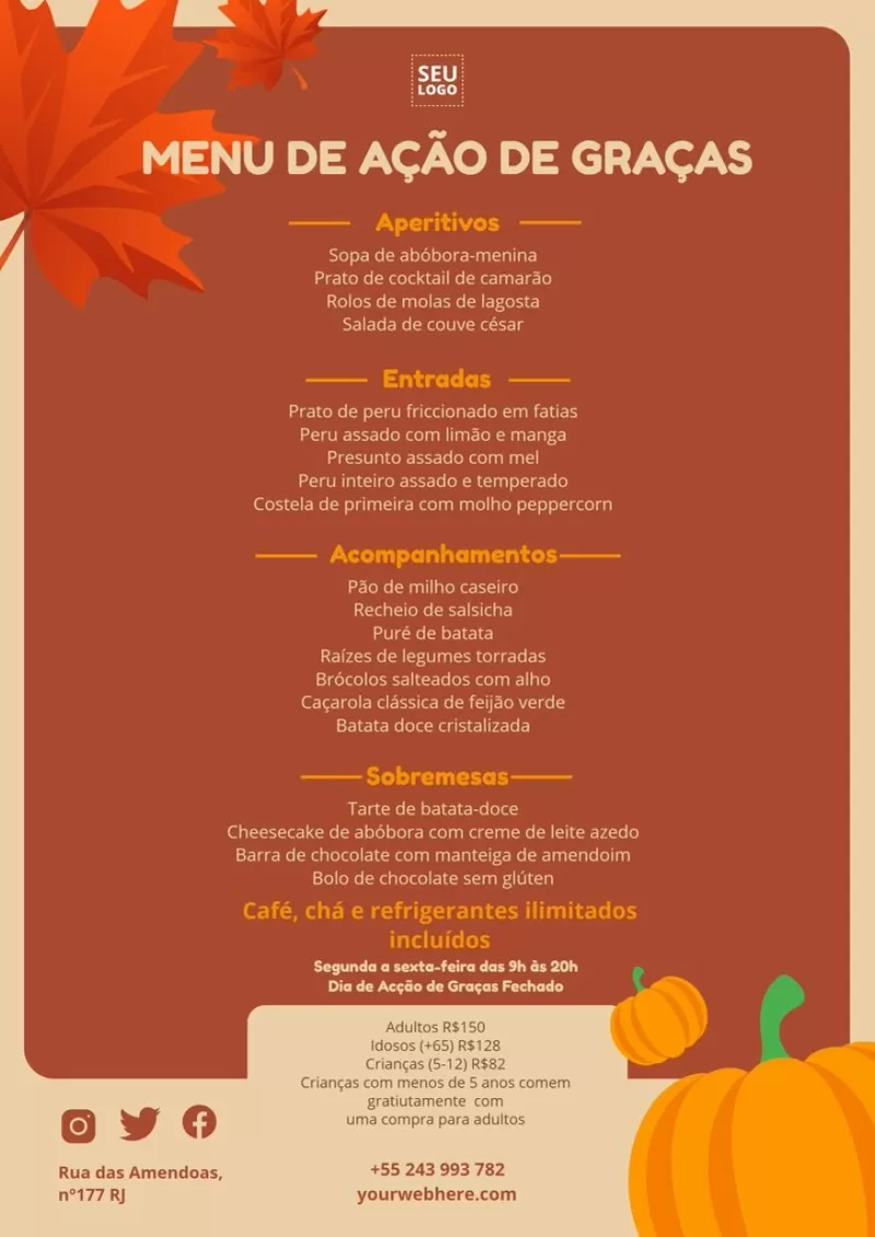 Dia de Ação de Graças menu editável para imprimir
