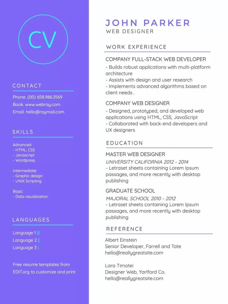 Editable simple resume template to print