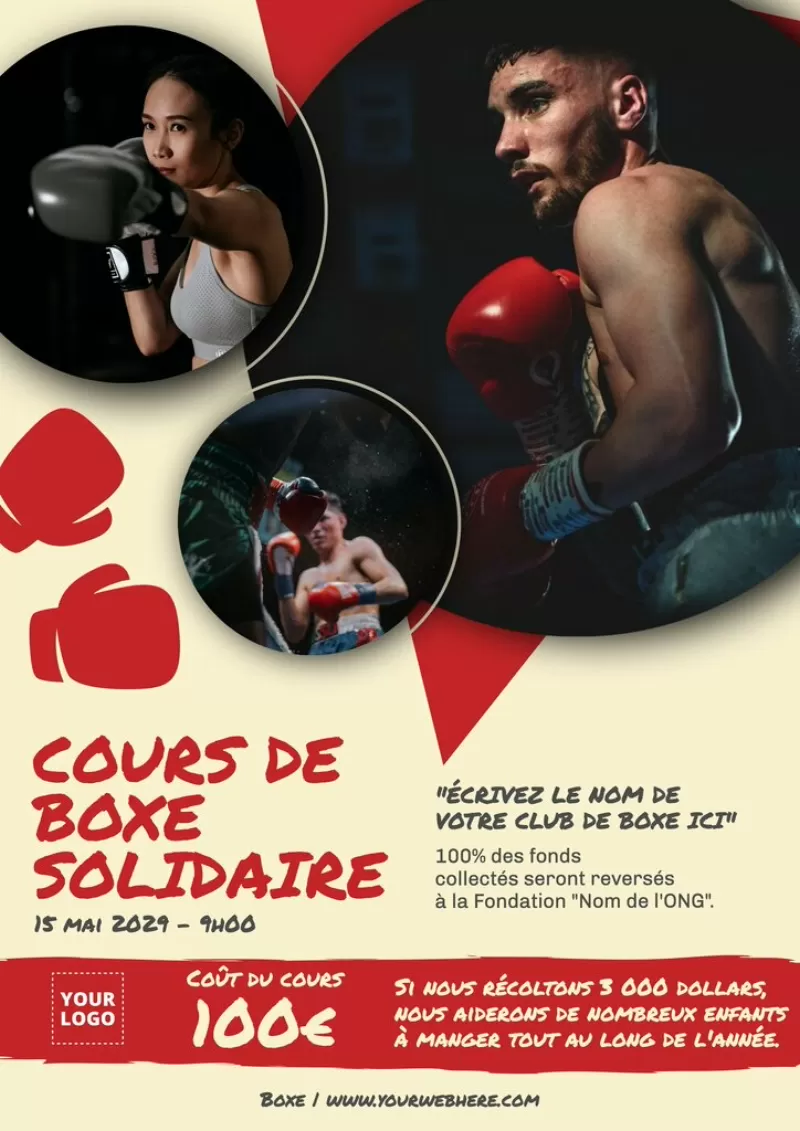 flyer blanc et rouge éditable pour des cours de boxe solidaire