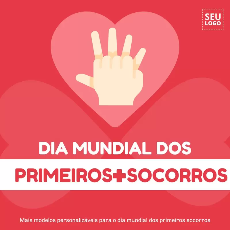 Banner editável para o dia mundial dos Primeiros Socorros com imagem de coração e mãos por cima