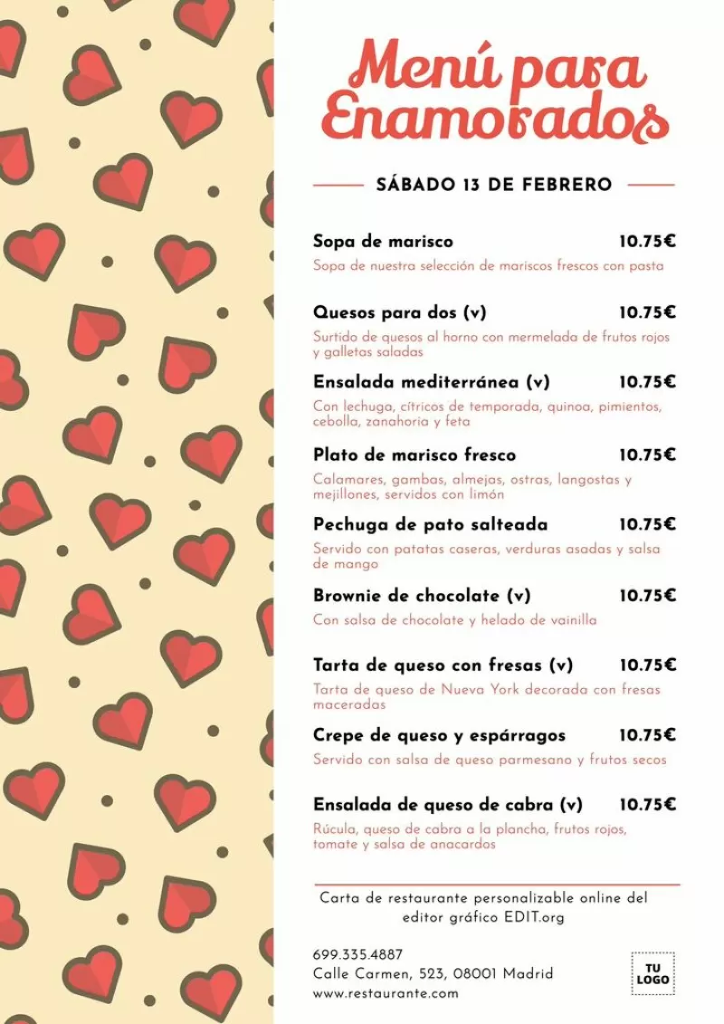 Plantilla de menú de San Valentín personalizable para restaurantes