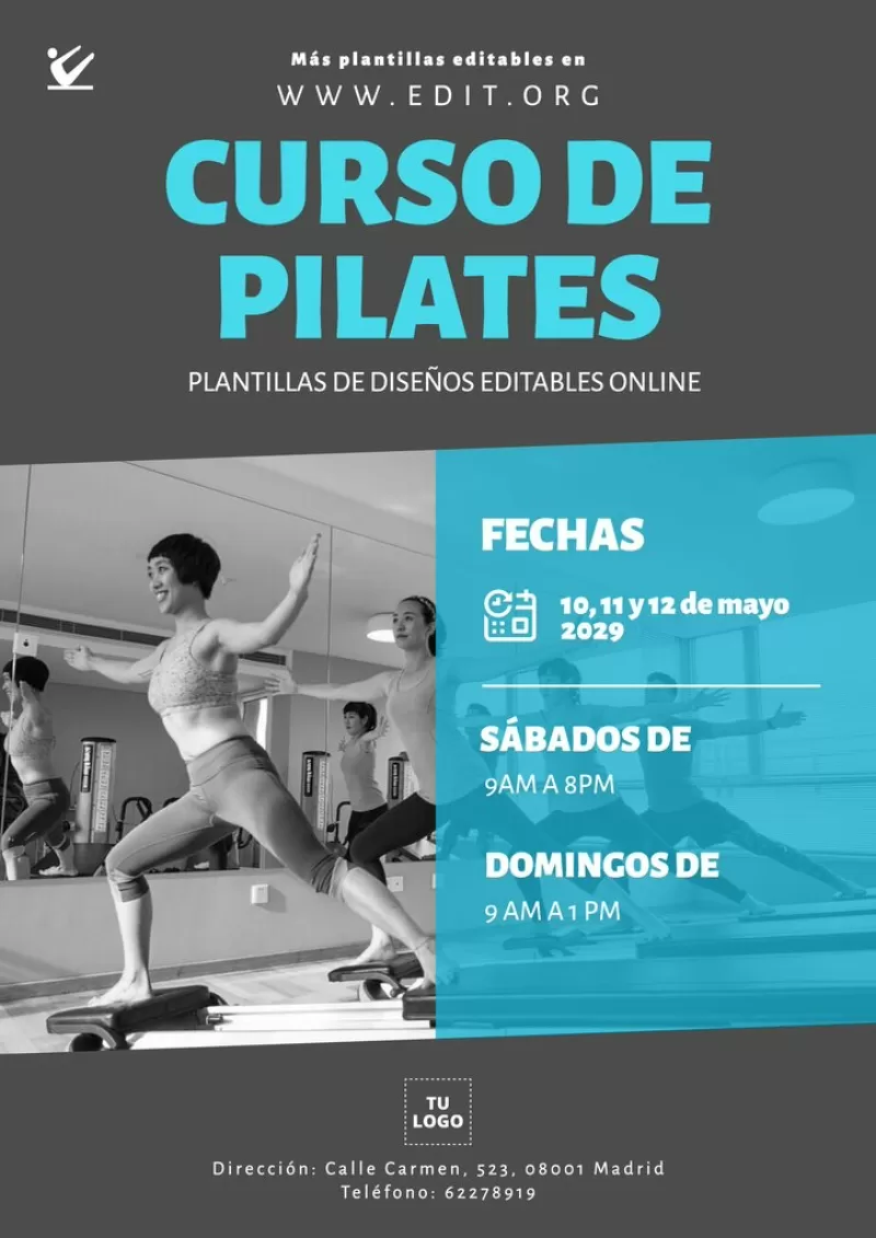 Plantilla editable para promocionar clases y cursos de un estudio de Pilates