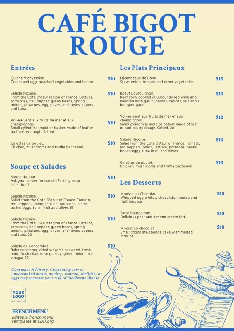 Editable french restaurant menus