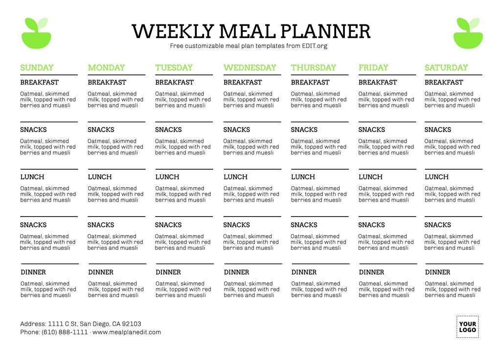 editable weekly meal planner template with snacks