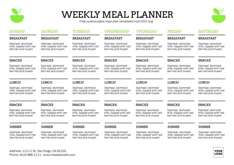 Modello gratuito per planner settimanale dei pasti da personalizzare online