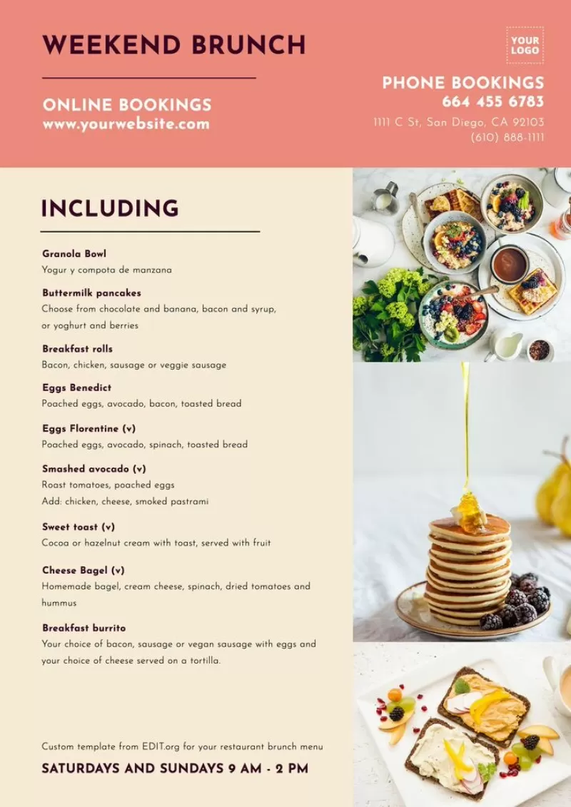 Modelli di menu per la colazione gratuiti per ristoranti e caffè