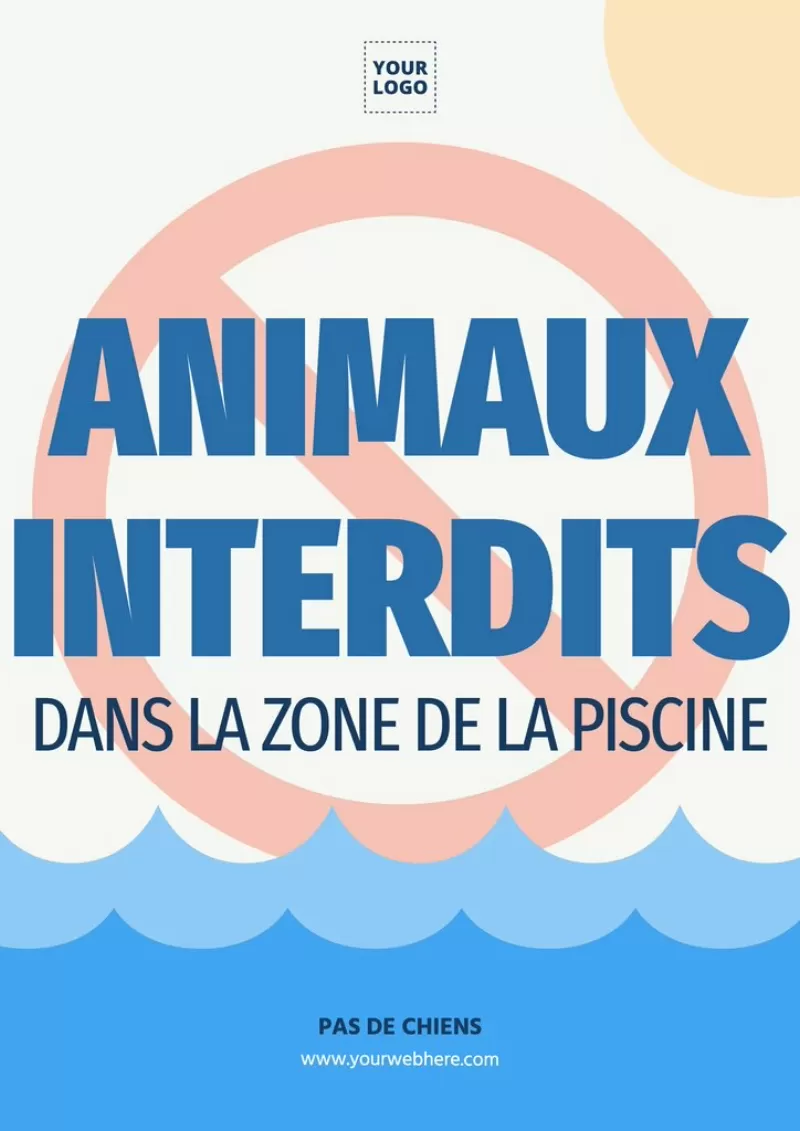 modèle de panneau blanc et bleu éditable animaux interdits autour de la piscine