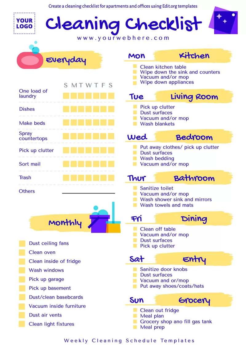 Editable daily house cleaning schedule template