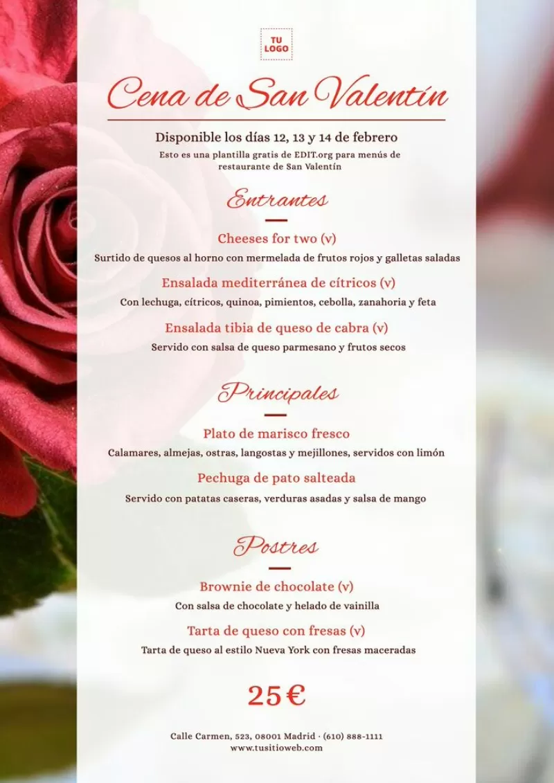Plantilla personalizable para carta de restaurante para San Valentín