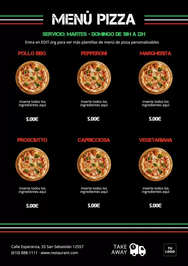 Menú restaurante de pizza a editar online gratis