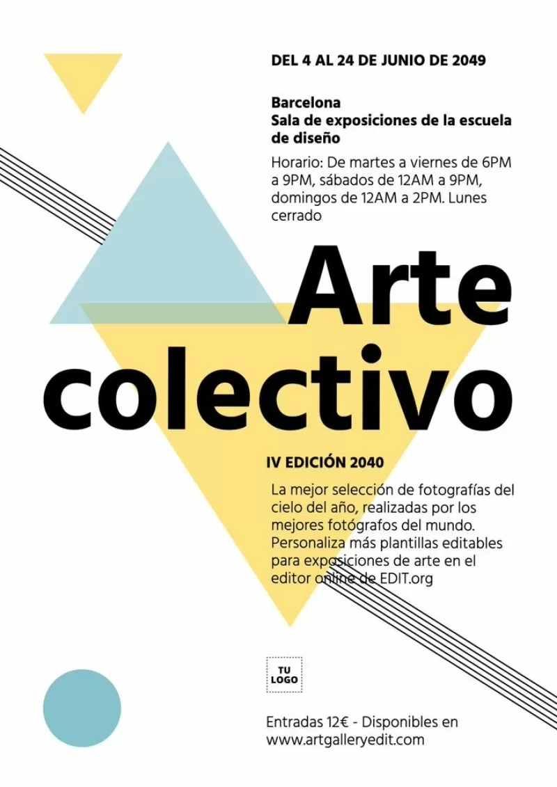 Cartel editable para exposición de arte colectiva con figuras geométricas