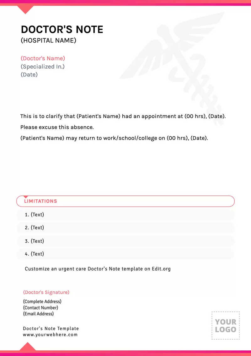 Editable blank Doctors excuse for work template