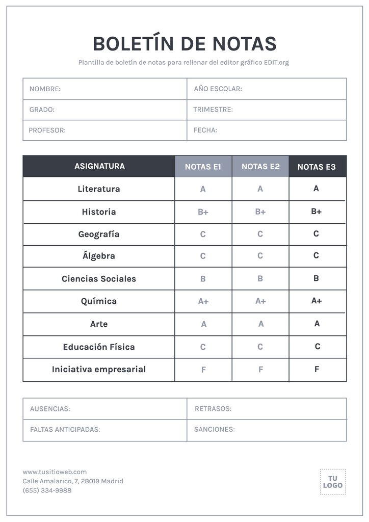 Plantillas De Boletín De Notas Personalizables Online