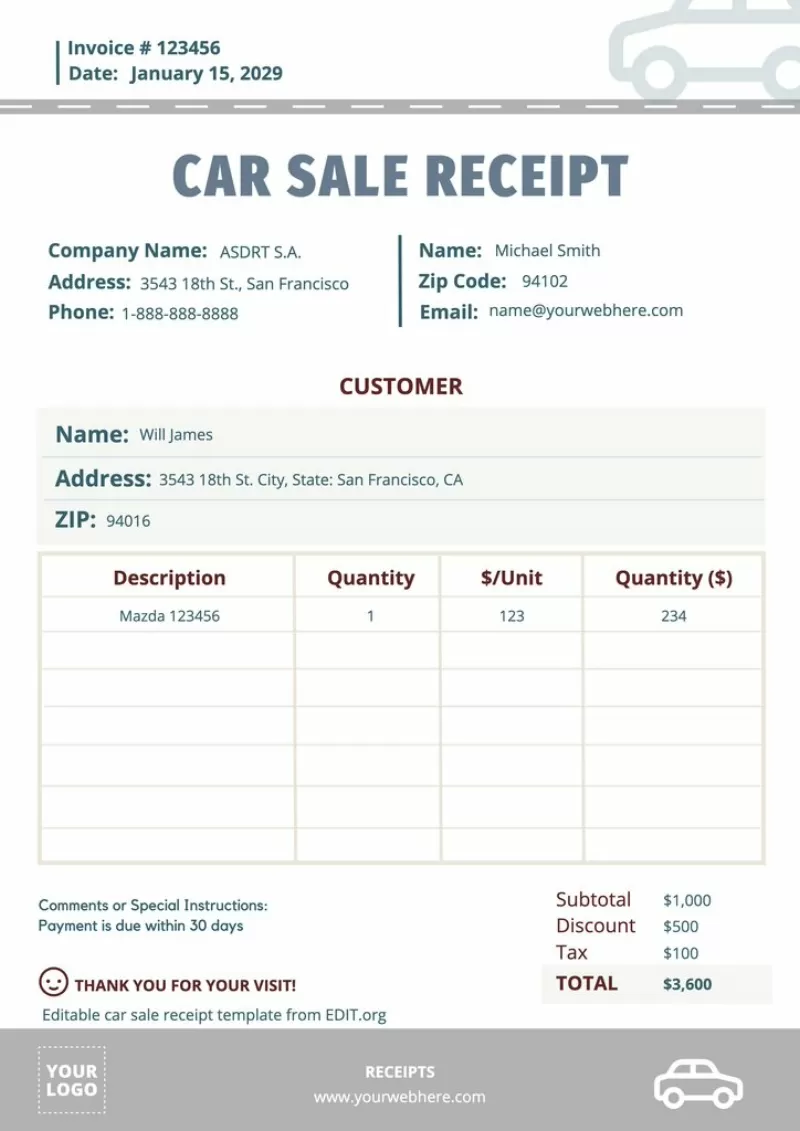 Kostenlose Quittungsvorlage für Autoverkauf zum Ausdrucken