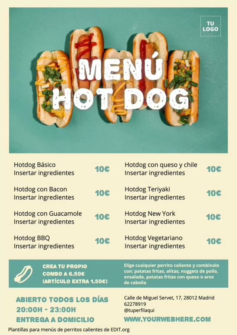 Diseños de menú de hot dogs y hamburguesas