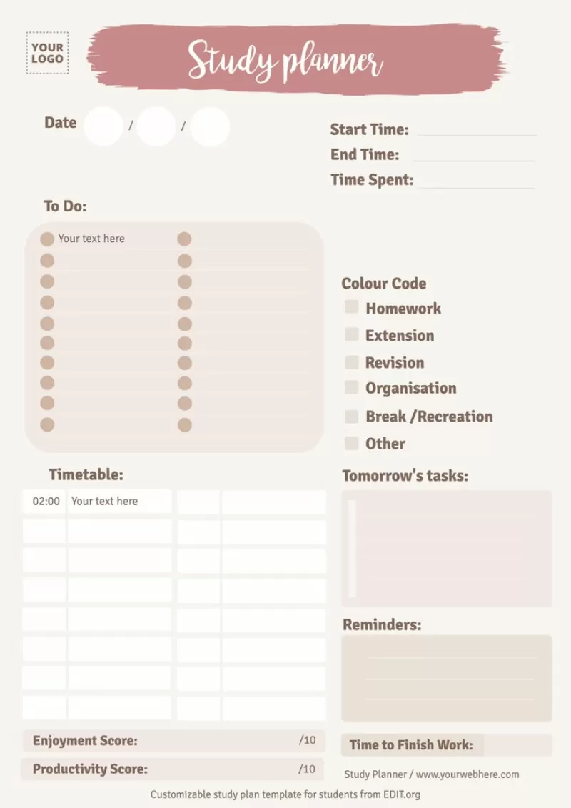 Cute study planner template to edit online