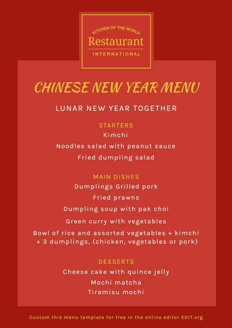 Custom menu template for the Chinese New Year