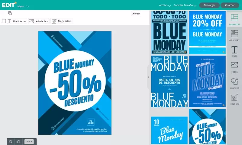 Editor gráfico online de carteles para Blue Monday gratis