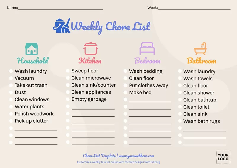 Customizable weekly chore chart template online