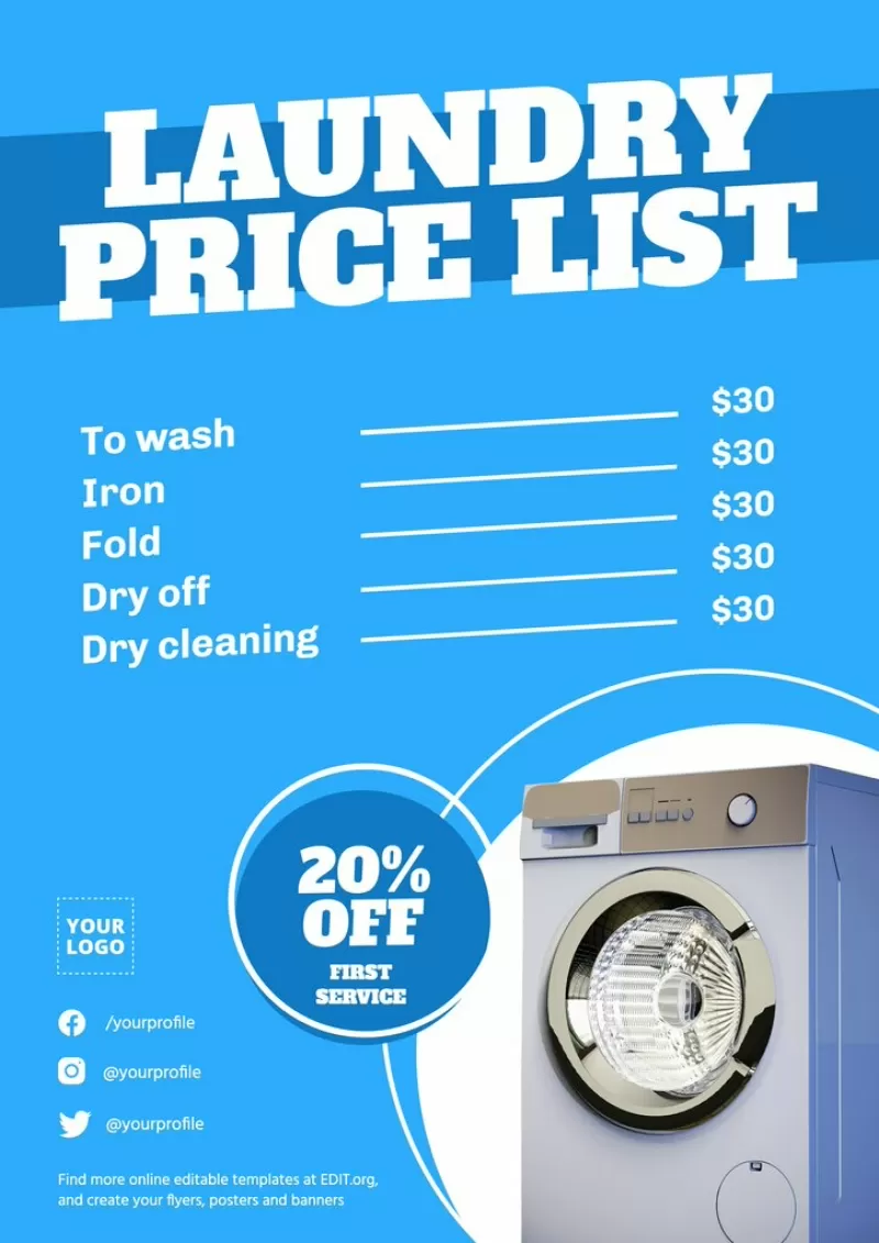 Modello di volantino per listino prezzi di lavanderia da editare online gratuitamente