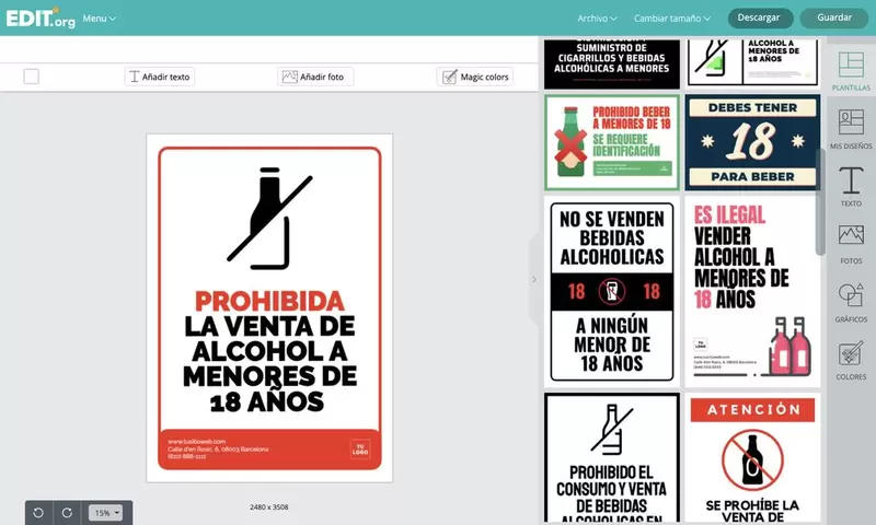 Editor gráfico online de carteles de prohibido la venta de alcohol menores de edad