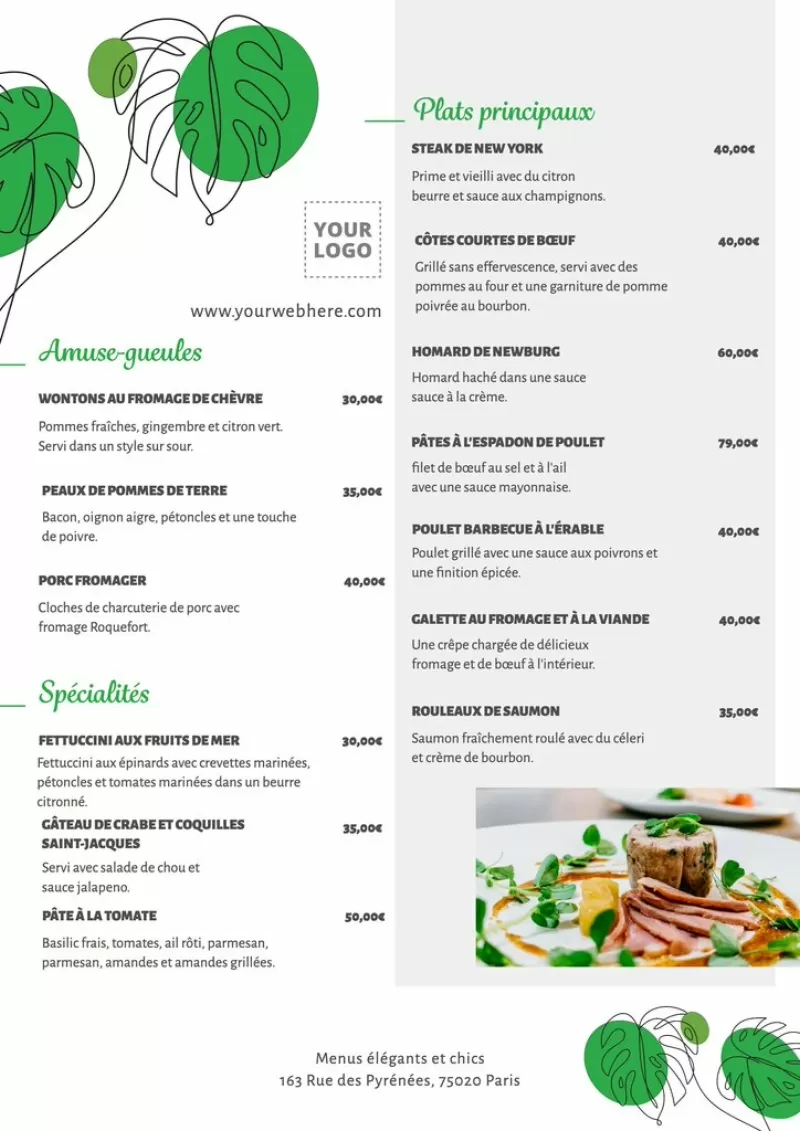 modèle de menu gris, vert et blanc pour un restaurant chic et élégant éditable en ligne