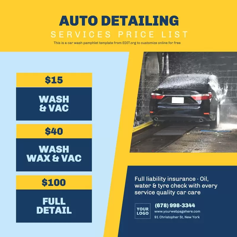 Editable car wash price list template