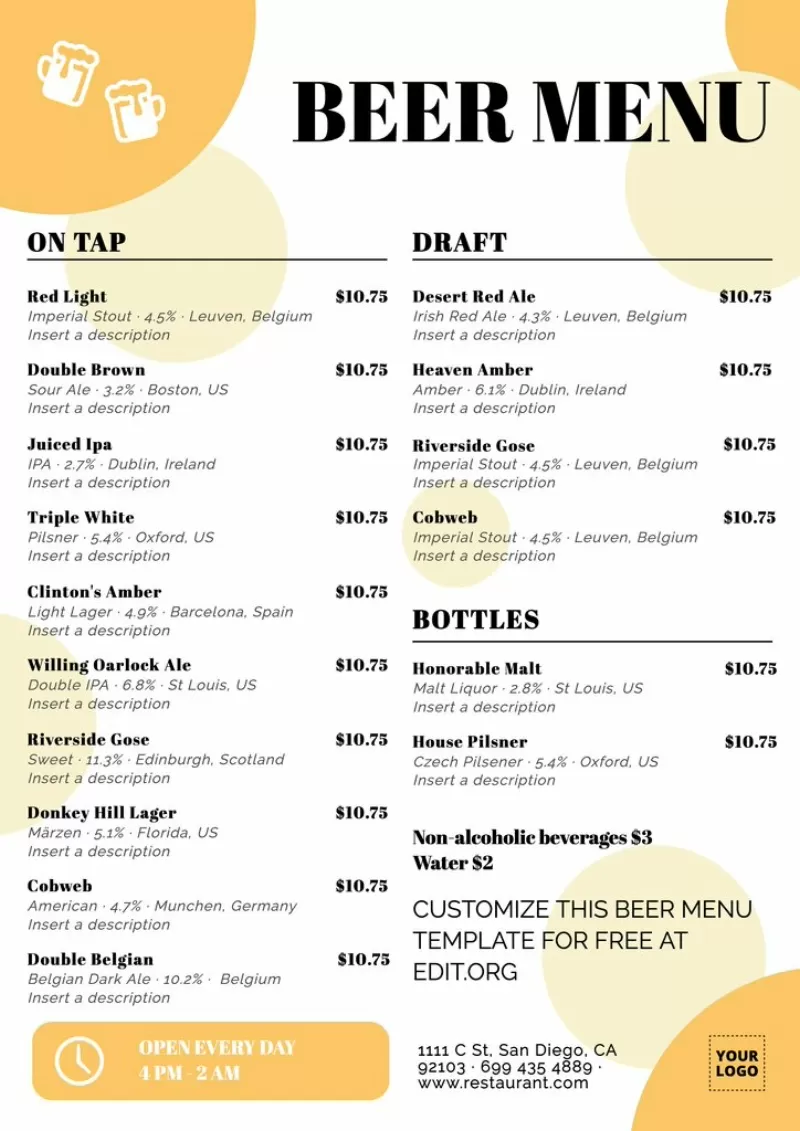 Handcrafted beer menu design to custom online and download for free