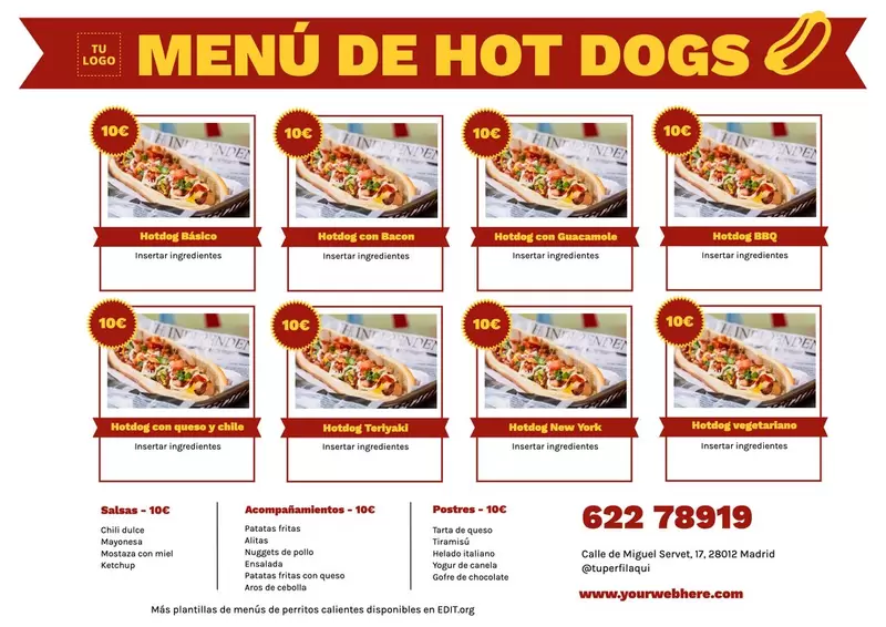 Diseño horizontal de menú perritos calientes