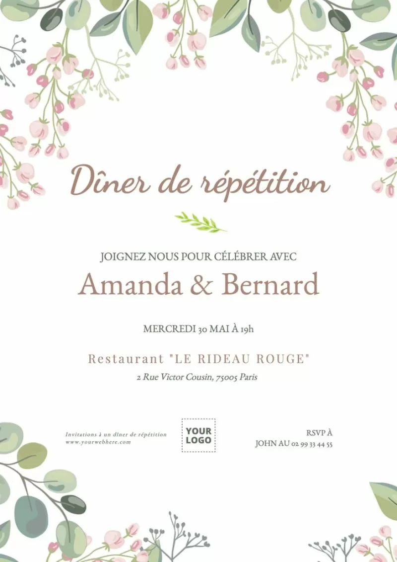 invitation éditable en ligne blanche avec des fleurs à un diner de repetition 