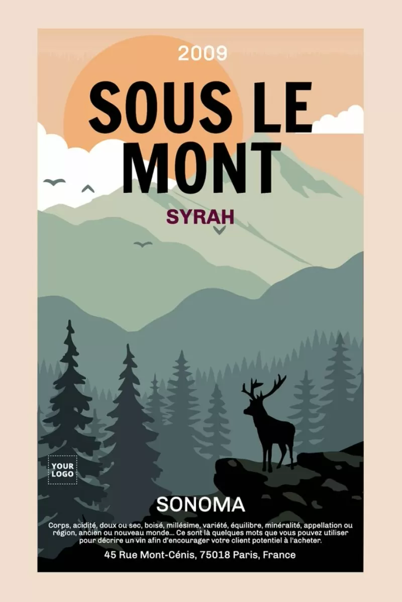 Design pour vin français avec une montagne et cerf en fond et editable en ligne